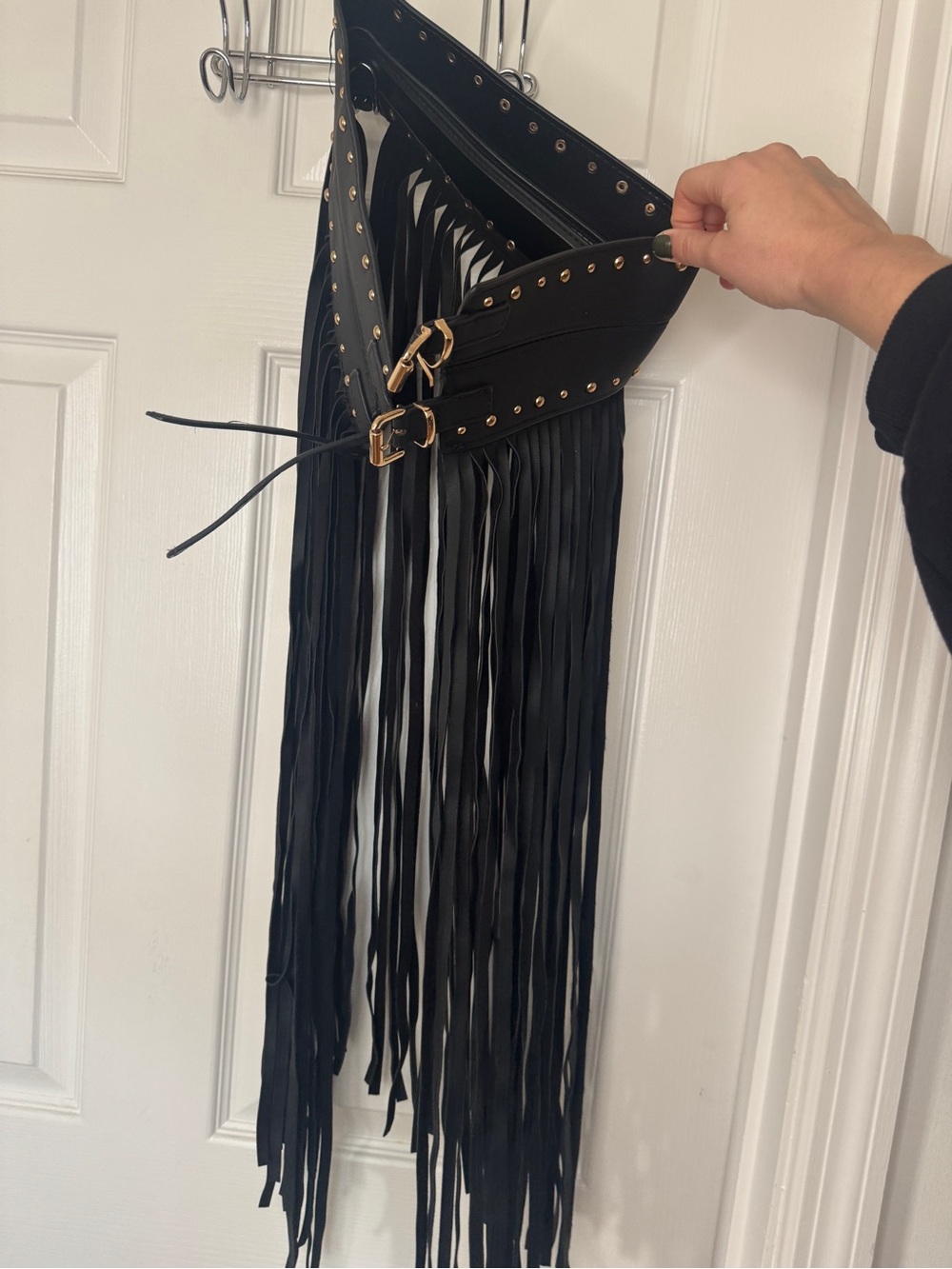 Fringed Black Leather High Waisted Belt